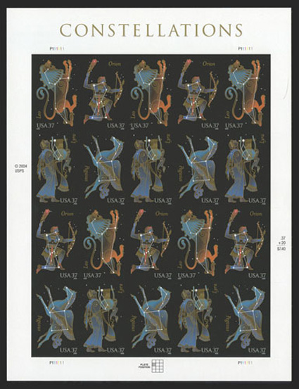 3948b, 37c Constellations se-tenant block, die cutting omitted, full pane of twenty with the die cut omitted on the front for all stamps except the left column of stamps has a
faint trace of die cutting at the left, full backing sheet has the di