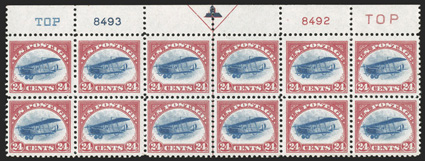 C3, 24c Carmine rose and blue, top margin arrow, two TOP and plate nos. 8493, 8492 block of twelve, well centered, brilliant colors, o.g., faintly hinged, very
fine.