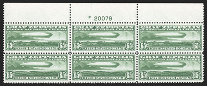 C13, 65c Graf Zeppelin, top margin plate no. F20079 block of six, attractively centered, fresh color, o.g., n.h., very fine 2002 PSE certificate.
