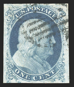 8A, 1c Blue, Ty. IIIa, position 43L4, an exceedingly choice used example of this scarce stamp, with four large to extra-large margins, fresh color and a clear impression, light
grid cancel, extremely fine a lovely One Cent Type IIIa photocopy