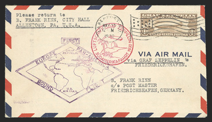 C14, $1.30 Graf Zeppelin, beautifully centered single tied to flown cover by Lakehurst May 30 flag cancel, proper cachets and backstamps, extremely fine and unusually choice
quality.