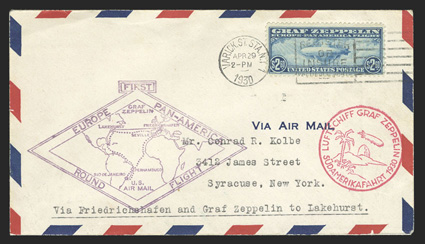 C15, $2.60 Graf Zeppelin, fresh and nicely centered single tied to flown cover by Varick St. Station Apr 29 slogan cancel, proper cachets and backstamps, very
fine.