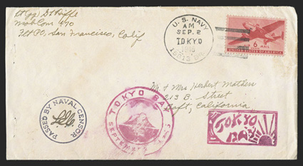 C25, 6c Carmine, tied by U.S. NavyAMSep 2Tokyo194515813 Br. duplex postmark to cover to Taft, California, initialed circular Passed by Navy Censor handstamp, large magenta
double circle Tokyo BaySeptember 2, 1945 illustrated cachet a