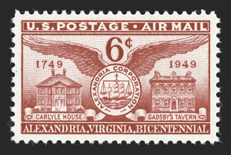 C40, 6c Alexandria Bicentennial, superb mint single, perfectly centered within oversized balanced margins, o.g., n.h., extremely fine 2007 PSE certificate (Gem 100 SMQ $300.00)
one of only ten examples to achieve this lofty grade.