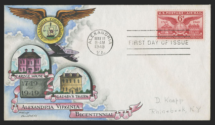 C40, 6c Alexandria Bicentennial, tied by Alexandria, Va.May 11, 1949 first day of issue postmark to Dorothy Knapp multicolored handpainted cover, light pencil address to Knapp,
fresh and extremely fine.