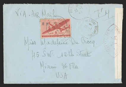 CM1, 6c Carmine with R.F. Ty. a handstamp, C25 tied to cover from a sailor to Miss. Madeleine Du Crocq in Miami, Florida by Poste Navale13-1, 45 postmark, hexagonal Batiment du
Ligne Richelieu12-1, 45 datestamp alongside, French censo