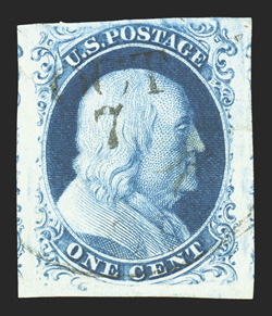 8A, 1c Blue, Ty. IIIa, a highly desirable used example, showing a very large break at top, with four margins ranging from enormous on three sides to quite ample at top,
luxuriantly fresh color accented by a razor-sharp impression on crisp white