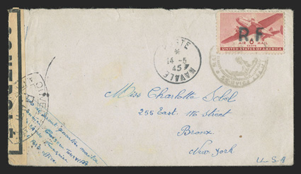 CM3, 6c Carmine with R.F Ty. c handstamp, C25 tied to cover from a sailor on the cruiser Tourville to Miss Charlotte Sobel by Marine Nationale anchor cachet, Poste Navale14-5,
45 postmark alongside, censored in Paris on the way out w