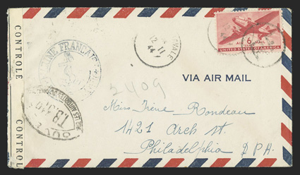 CM6, 6c Carmine with R F Ty. f handstamp, C25 tied to air mail border cover from G. Gelebart, a gunner on board the D.E. Algerien to Miss Irene Rondeau in Philadelphia, Pa. by
Poste Navale12-11, 44 datestamp, postmark repeated at left