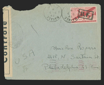 CM7, 6c Carmine with R.F. Ty. g handstamp, C25 tied to cover from a sailor on board the submarine Le Centaure to Marie Ropars in Philadelphia, Pa. by Poste Navale4-5, 45
datestamp which is repeated to left, French censor tape at left t