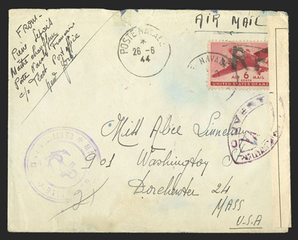 CM9, 6c Carmine with R F Ty. i handstamp, C25 tied to cover from a sailor on board the light cruiser Le Malin to Miss Alice Linnehan in Dorchester, Mass. by partial strike of
Poste Navale26-6, 44 postmark, datestamp repeated at left and