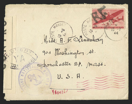 CM9, 6c Carmine with R F Ty. i handstamp, C25 tied to cover from a seaman on board the light cruiser Le Malin to Miss Linnehan in Dorchester, Mass. by two strikes of Poste
Navale10-8, 44 postmark with datestamp repeated at left, violet