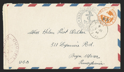 UCM1, 6c Orange die 3 entire with R.F. Ty. a handstamp, UC6 air mail border cover from Andre Hubert to Miss Helen Walker in Bryn Mawr, Pa., Poste Navale1-11, 44 datestamp and
Marine Francaise anchor cachet, French censor tape at left t