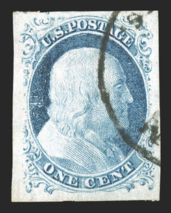 9, 1c Blue, Ty. IV, position 91R1L, huge well proportioned margins all around, warm distinctive Plate 1 Late color, neat town c.d.s. at right, extremely fine an impressive
large-margined gem 1986 and 2004 PF certificates ex-Koppersmith, Hin