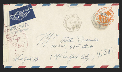 UCM1, 6c Orange die 3 entire with R.F. Ty. a handstamp, UC6 air mail border cover from Daniel to Odette Descoubes in New York City, hexagonal Batiment de Ligne Richelieu16-12,
44 datestamp on the indicia and repeated alongside, French ce