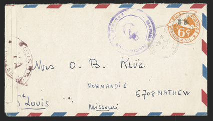 UCM1, 6c Orange die 3 entire with R.F. Ty. a handstamp, UC6 with air mail border from an unknown sender to Mrs. O.B. Klug in St. Louis, Mo., Poste Navale datestamps of 29-12,
44 and 3-1, 45 and violet Marine Nationale anchor cachet,