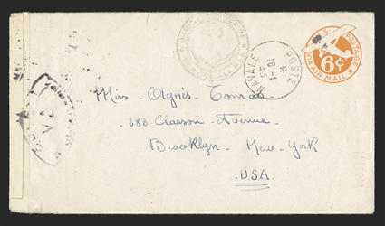 UCM1, 6c Orange die 3 entire with R.F. Ty. a handstamp, UC6 with plain border from gunner J. Alquir to Miss Olgries Comao in Brooklyn, N.Y., clear Poste Navale16-1, 45
datestamp and Marine Francaise anchor cachet, French censor tape at