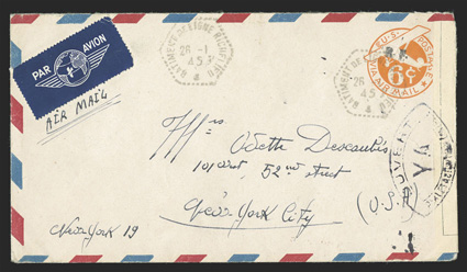 UCM1, 6c Orange die 3 entire with R.F. Ty. a handstamp, UC6 air mail border cover from Daniel to Odette Descoubes in New York City, hexagonal Batiment de Ligne Richelieu26-1,
45 datestamp on the indicia and repeated alongside, French cen