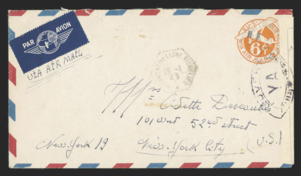 UCM1, 6c Orange die 3 entire with R.F. Ty. a handstamp, UC6 air mail border cover from Daniel to Odette Descoubes in New York City, hexagonal Batiment de Ligne Richelieu26-1,
45 datestamp on the indicia and repeated alongside, French cen