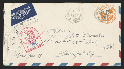 UCM1, UCM2, 6c Orange die 3 entire with R.F. Ty. a and Ty. b handstamps, UC6 with air mail border from a sailor on board the Richelieu to Miss. Deseaubes in New York City,
mostly clear hexagonal Batiment du Ligne Richelieu7-2, 45 shi