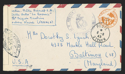 UCM2, 6c Orange die 3 entire with R.F. Ty. b handstamp, UC6 with air mail border from a sailor to Mrs. Dorothy Lynch in Baltimore, Md., bold Poste Navale6-8, 45 postmark and
anchor cachet, French censor tape at left tied by the elliptica
