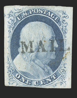 9, 1c Blue, Ty. IV, three large margins, just touching at bottom, rich color, cancelled by a seldom seen MAIL (ROUTE) straight line, a few degraded red ink marks at right of no
consequence, very fine 2009 PF certificate.