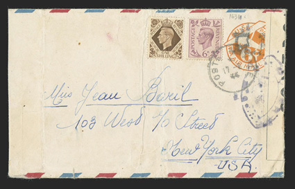 UCM3, 6c Orange die 2a entire with R.F Ty. d handstamp, UC3 with air mail border from a sailor on board the Richelieu to Miss Jean Boreil in New York City, Poste Navale17-8, 44
postmark and French censor tape at right tied by elliptica