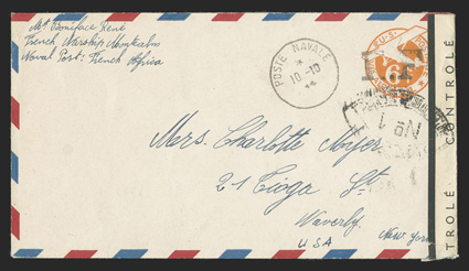 UCM3, 6c Orange die 3 entire with R.F Ty. d handstamp, UC6 with air mail border from a sailor on board the Montcalm to Mrs. Charlotte Moyer in Waverly, N.Y., clear Poste
Navale10-10, 44 postmark and French censor tape at right tied by