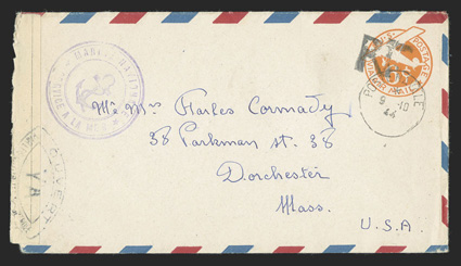 UCM3A, 6c Orange die 3 entire with R F Ty. e handstamp, UC6 with air mail border from J. Queury, a sailor on board Le Malin to Mr. & Mrs. Cormady in Dorchester, Mass., Post
Navale9-10, 44 postmark and violet Marine Nationale anchor c