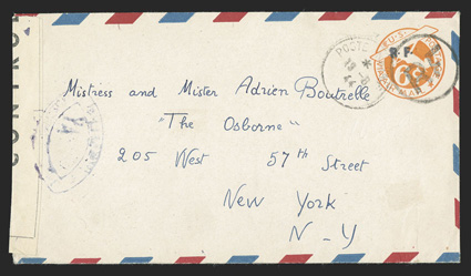UCM1, UCM4, 6c Orange die 3 entire with R F Ty. a and Ty. f handstamps, UC6 with air mail border from a radio operator on board the destroyer Marocain to the Boutrelles in New
York City, Poste Navale13-8, 44 postmark and French censo