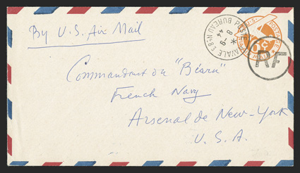 UCM4, 6c Orange die 3 entire with R F Ty. f handstamp, UC6 with air mail border endorsed as being from the commandant in Oran, Algeria to the commandant on board the Bearn in
New York, perfectly struck Poste NavaleBureau No. 838-9, 44