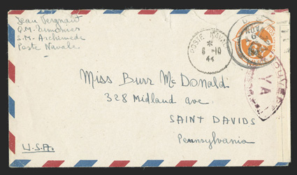 UCM4, 6c Orange die 3 entire with R F Ty. f handstamp, UC6 with air mail border from Jean Vergnaut, a sailor on board the submarine Archimede to Miss McDonald in St. Davids,
Pa., Poste Navale6-10, 44 postmark and U.S. Navy duplex postm