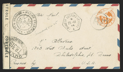 UCM4, 6c Orange die 3 entire with R F Ty. f handstamp, UC6 with air mail border from a sailor on board the Georges Leygues to Miss Allavena in Philadelphia, Pa., perfectly
struck hexagonal Croiseur Georges Leygues25-11, 44 ships postma