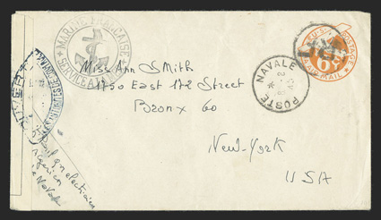 UCM4, 6c Orange die 3 entire with R F Ty. f handstamp, UC6 with plain border from a sailor on board the Algerien to Miss Ann Smith in the Bronx, N.Y., bold Poste Navale8-8, 45
postmark and Marine Francaise anchor cachet, French censo