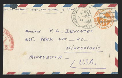 UCM10, 6c Orange die 3 entire with R.F. Ty. j handstamp, UC6 with air mail border from a sailor at the port of Bone to Mr. P.L. Duponcel in Minneapolis, Minn., Poste
Navale5-10, 44 postmark and U.S. NavyOct 11, 1944 datestamp, partial