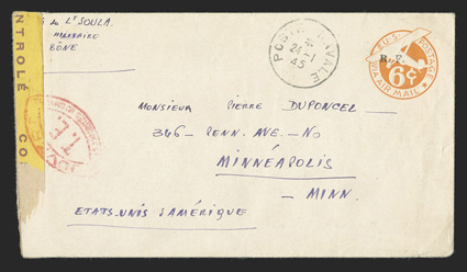 UCM10, 6c Orange die 3 entire with R.F. Ty. j handstamp, UC6 with plain border from a sailor at the port of Bone to Mr. P.L. Duponcel in Minneapolis, Minn., Poste Navale24-1,
45 postmark, French censor tape tied by red elliptical cancel