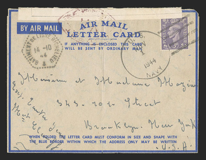 Batiment de Ligne Richelieu, perfectly struck hexagonal ships postmark on air mail letter card to Mr. & Mrs. Mozian in Brooklyn, N.Y. franked by Great Britain 3d George VI,
held for two weeks by the U.S. Navy and cancelled by their Nov 1, 1944 d
