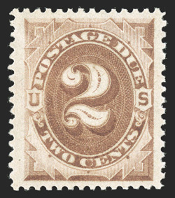 J2, 2c Brown, an exciting jumbo-margined mint single in a quality rarely encountered, featuring outstanding centering within lavishly large margins all around, wonderfully
bright and fresh, full and equal perforations all around, pristine o.g.,