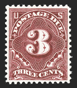 J47, 3c Deep claret, a particularly desirable mint example of this scarce and perennially difficult value, deep luxuriant color and a highly detailed impression on fresh white
paper, excellent centering within well balanced margins, pristine o.g