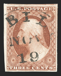 10A, 3c Orange brown, Ty. II, gorgeous used single, featuring lavishly large margins all around, brilliantly rich color and a well incised impression, neatly cancelled by a
portion of a Mobile, Ala. c.d.s., extremely fine and choice 2009 PF cer