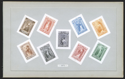PR9-32P2, PR81P2, 1c-$60.00 Newspapers, small die proofs, complete set of 25 values from the Roosevelt album still affixed to three complete grey card pages, including the 1c
value from 1885, wonderfully fresh and clean, extremely fine only 85