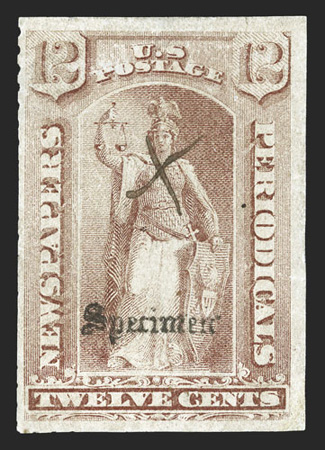 PR9S-16S, 2c, 4c, 6c and 12c Newspapers overprinted Specimen Type A, the complete set of four values, each with additional manuscript x, lightly toned, scissor separated
removing most of the perforations, fine for these very rare Specimen ov