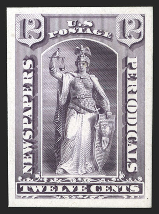 PR16TC3, 12c Trial color plate proofs on India paper, set of ten of the thirteen possible colors, lacking only the Dark carmine, Orange yellow and Light blue colors for
completion, all with large margins, most on card, fresh and very fine.