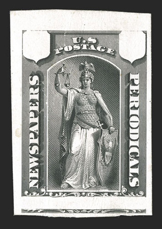 PR16-E, Allegorical Justice, black die essay with blank value tablets on India paper mounted on 16x40mm card, adhesion on the reverse of card, fine this is believed to be a
unique essay for the 1875 Continental Bank Note Co. issue and is not