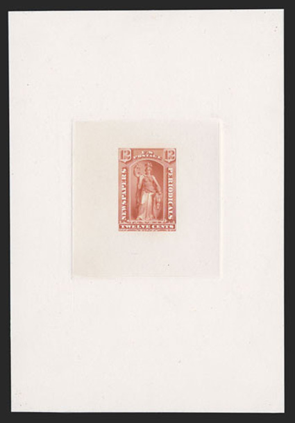 PR16TC1, 12c Sepia, Green, Black, Scarlet, Light ultramarine, Dark violet and Violet black, large die trial color proofs on India paper die sunk on cards, all but one measuring
approximately 110x170mm, being a nearly complete set of seven out of