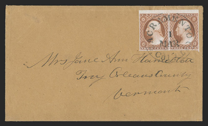 10A, 3c Orange brown, Ty. II, an absolutely superb top sheet-margin horizontal pair, with large margins all around, including showing small parts of the adjoining stamps at
bottom, plus its color and impression are spectacularly intense on brigh