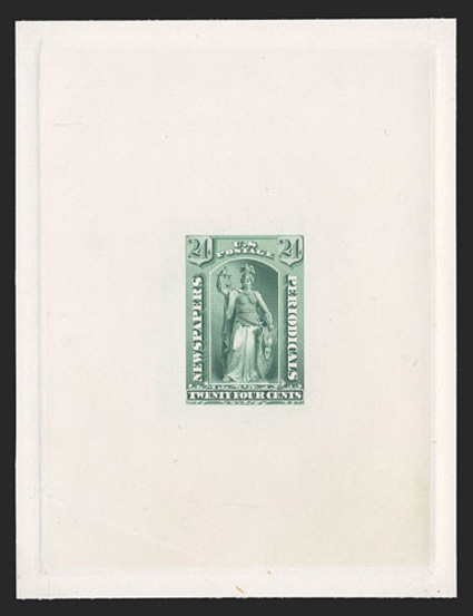 PR17TC1, 24c Sepia, Green and Black, large die trial color proofs on India paper die sunk on cards measuring approximately 90x120mm, the complete set of all three colors
produced, fresh and extremely fine each is the only example known in pri