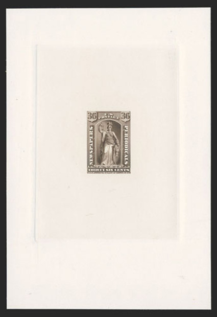 PR18TC1, 36c Sepia, Green and Black, large die trial color proofs on India paper die sunk on cards measuring approximately 90x120mm or 115x170mm, the complete set of all three
colors produced, fresh and extremely fine each is the only known e