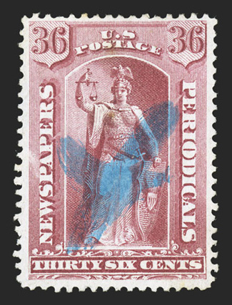 PR18, 36c Rose, outstanding color that is remarkably deep and vibrant, well centered and margined, bright blue brush stroke X cancel, very fine 1998 PSE
certificate.