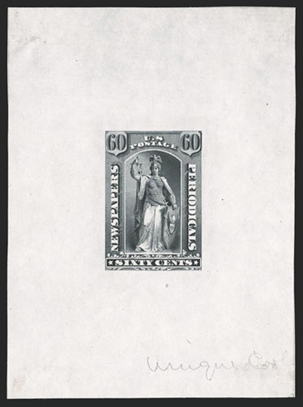PR20TC1, 60c Black, large die trial color proof on India paper, 73x99mm, with pencil notation unique color in the bottom margin, fresh and very fine a rare and undercataloged
trial color proof.